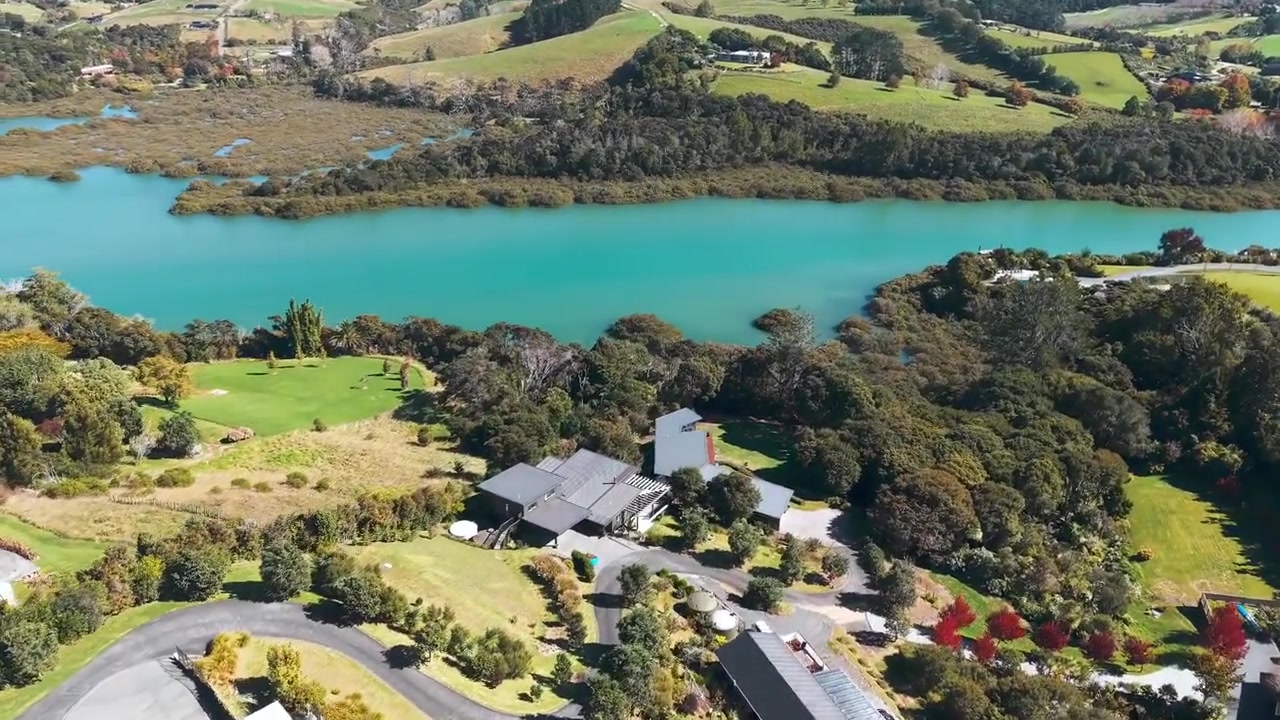 Aerial view of 20 Green Road, Matakana, overlooking the estuary