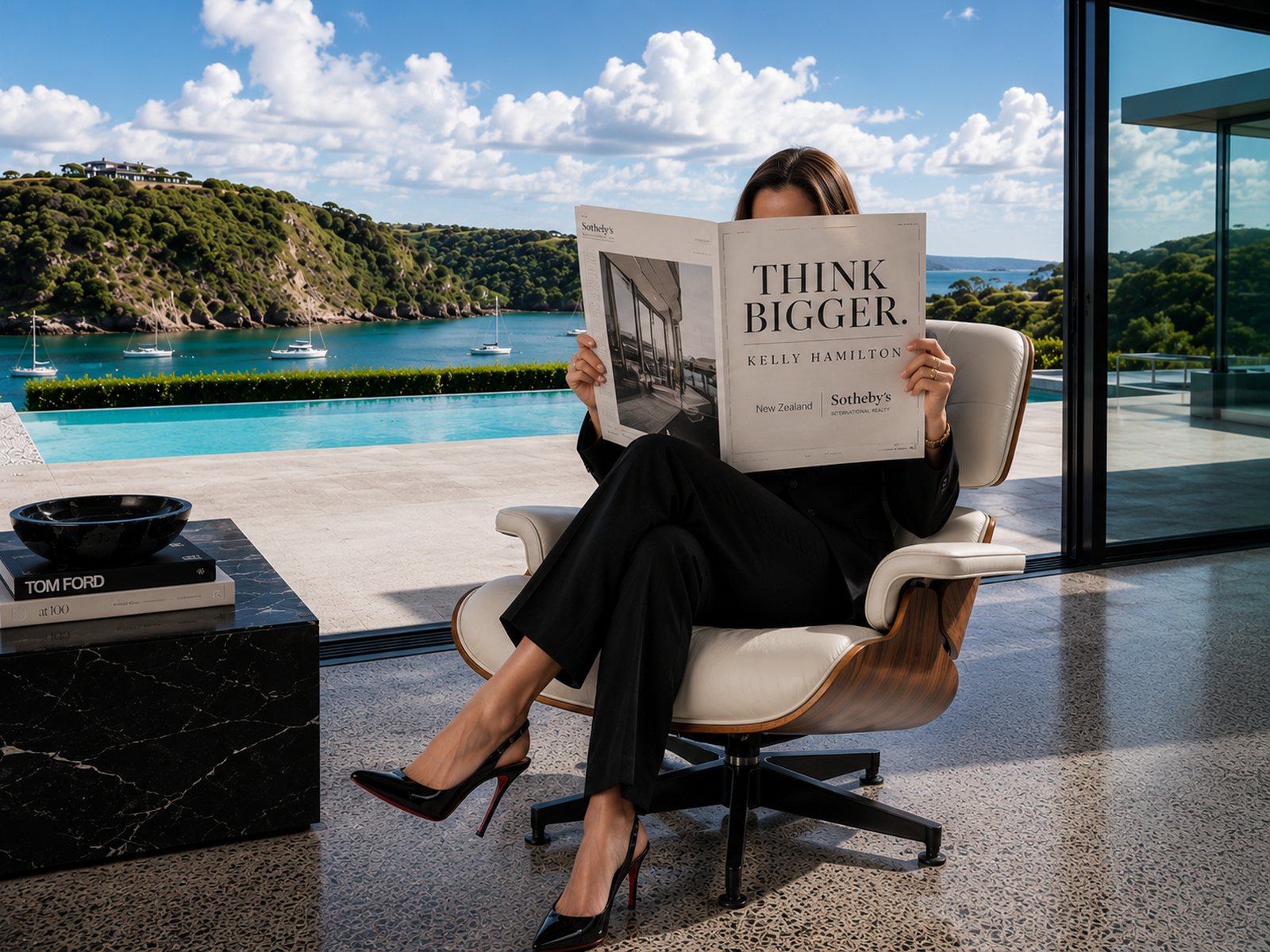 Kelly Hamilton seated overlooking a coastal infinity pool, reading a Sotheby's International Realty publication headlined Think Bigger