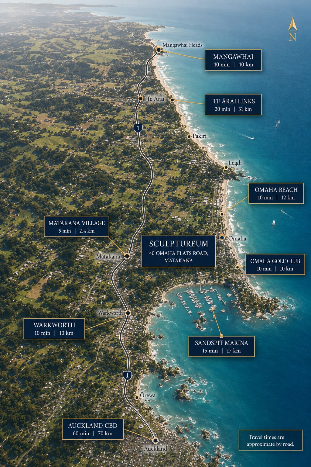 Map of the Matakana Coast corridor showing Matakana, Omaha, Warkworth, Sandspit, Te Arai, Mangawhai and drive times to Auckland